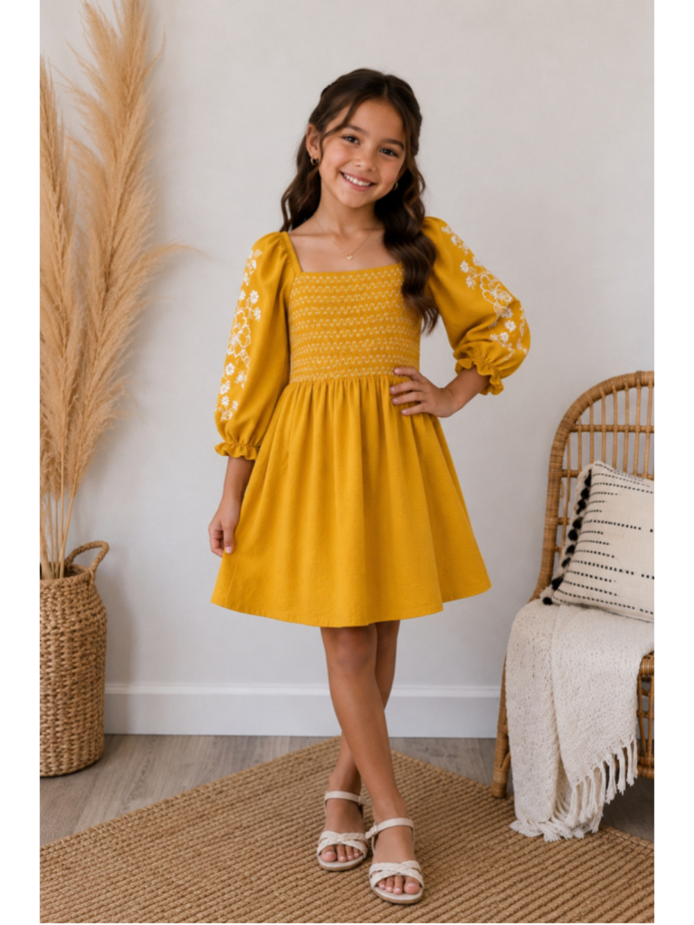 Speechless Girls Mustard Yellow Smocked Embroidered Dress Size 8